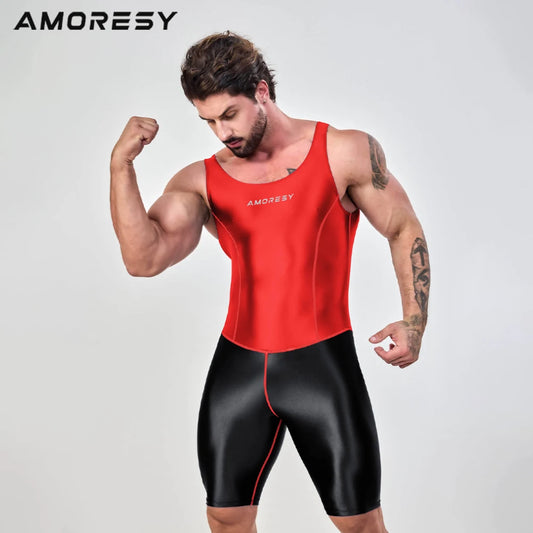 AMORESY – combinaison en satin lisse pour hommes, combinaison de surf en soie lisse, vêtements de sport de yoga, gilet, combinaison en cinq parties