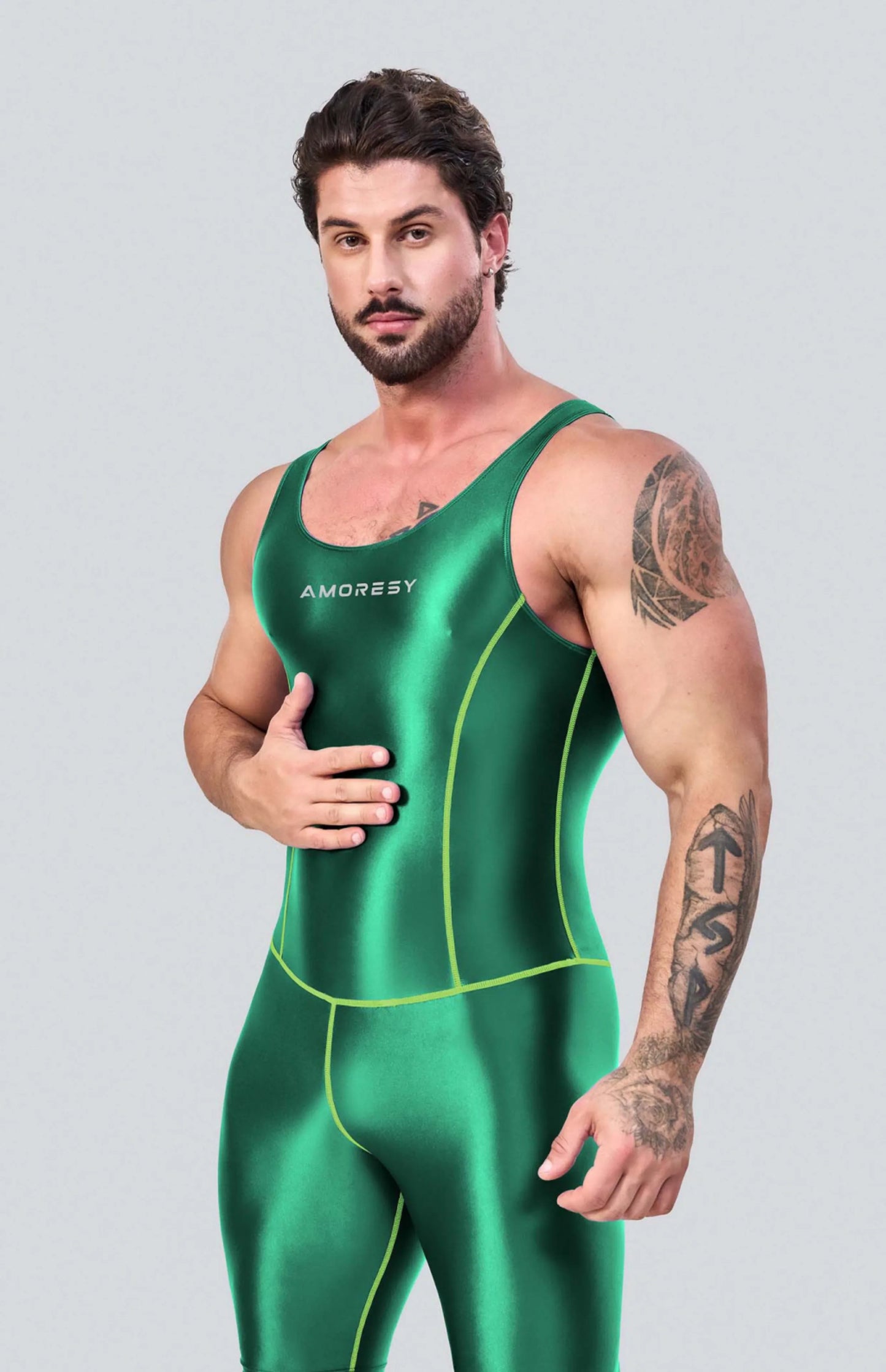 AMORESY – combinaison en satin lisse pour hommes, combinaison de surf en soie lisse, vêtements de sport de yoga, gilet, combinaison en cinq parties