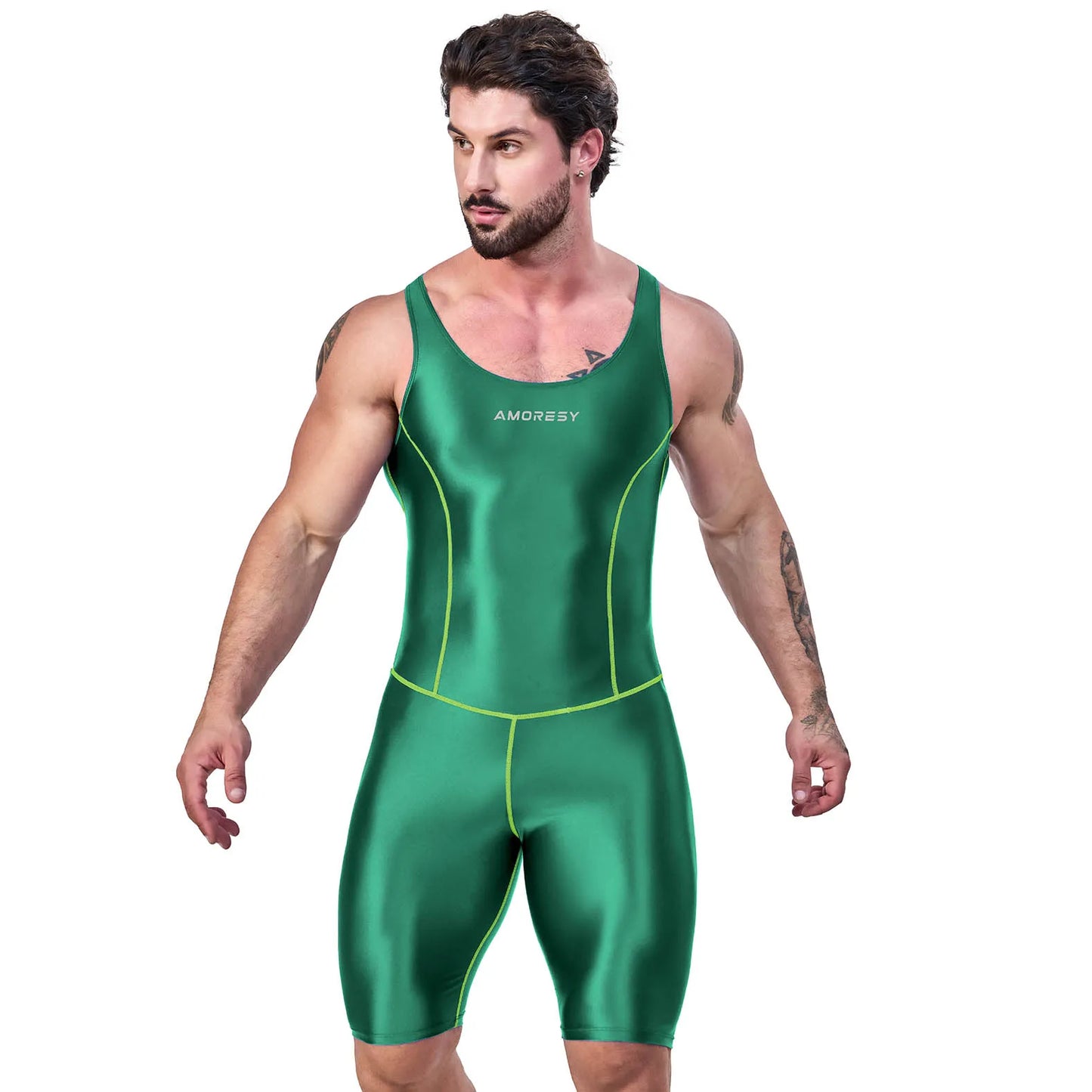 AMORESY – combinaison en satin lisse pour hommes, combinaison de surf en soie lisse, vêtements de sport de yoga, gilet, combinaison en cinq parties