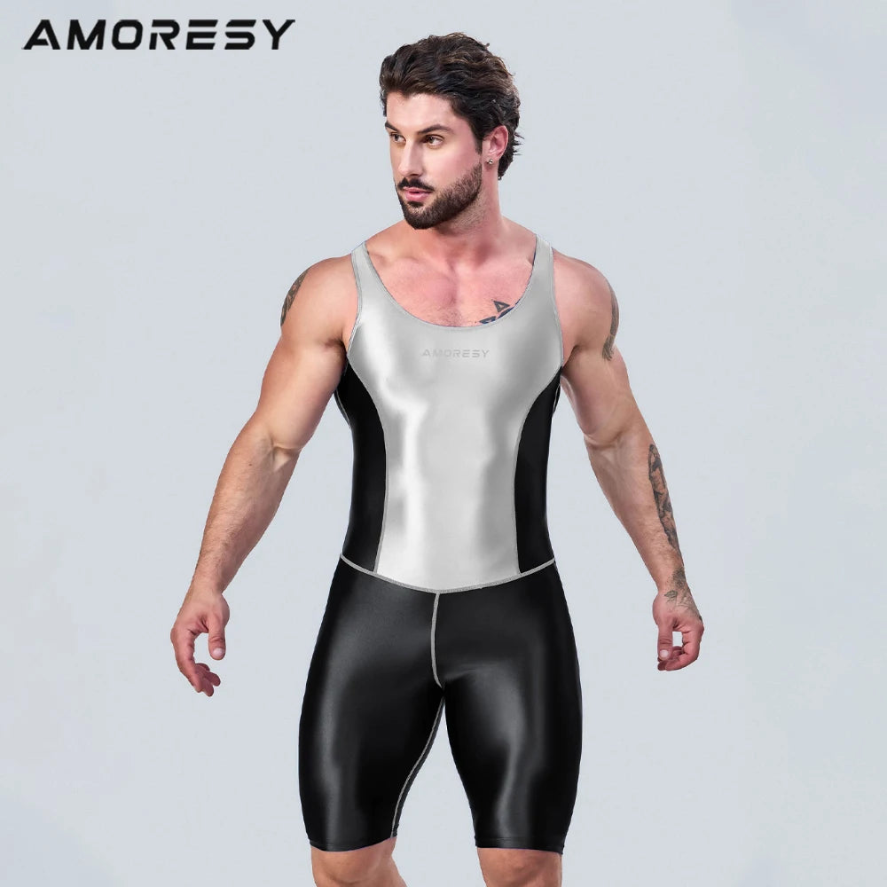 AMORESY – combinaison en satin lisse pour hommes, combinaison de surf en soie lisse, vêtements de sport de yoga, gilet, combinaison en cinq parties
