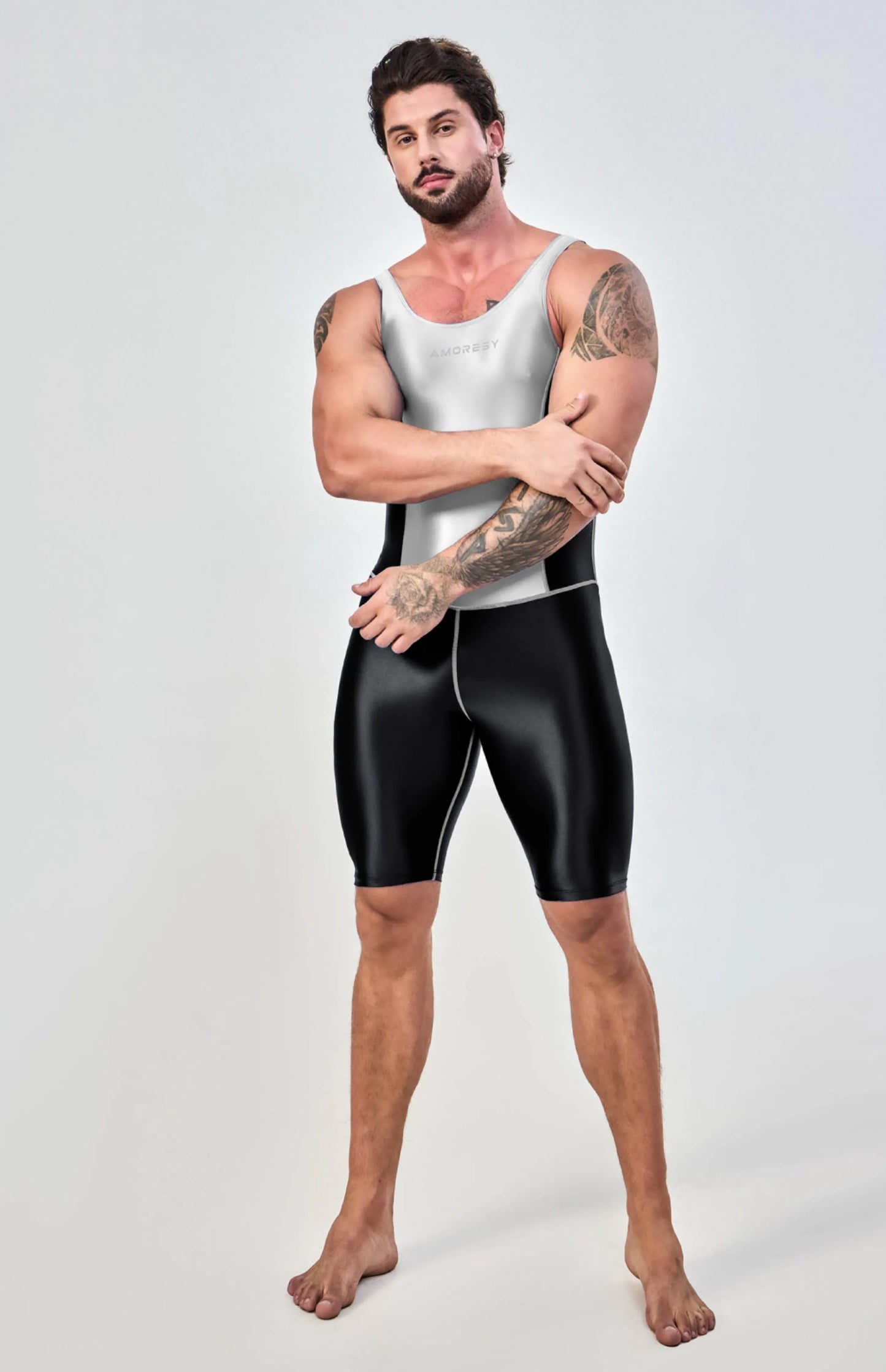 AMORESY – combinaison en satin lisse pour hommes, combinaison de surf en soie lisse, vêtements de sport de yoga, gilet, combinaison en cinq parties
