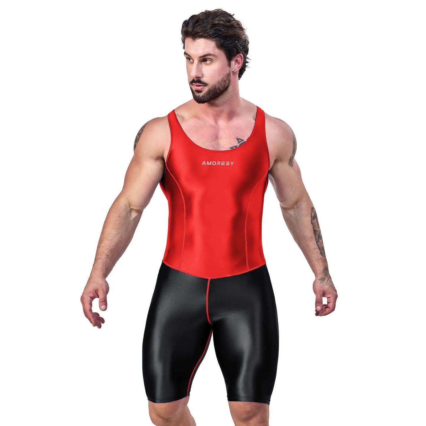 AMORESY – combinaison en satin lisse pour hommes, combinaison de surf en soie lisse, vêtements de sport de yoga, gilet, combinaison en cinq parties