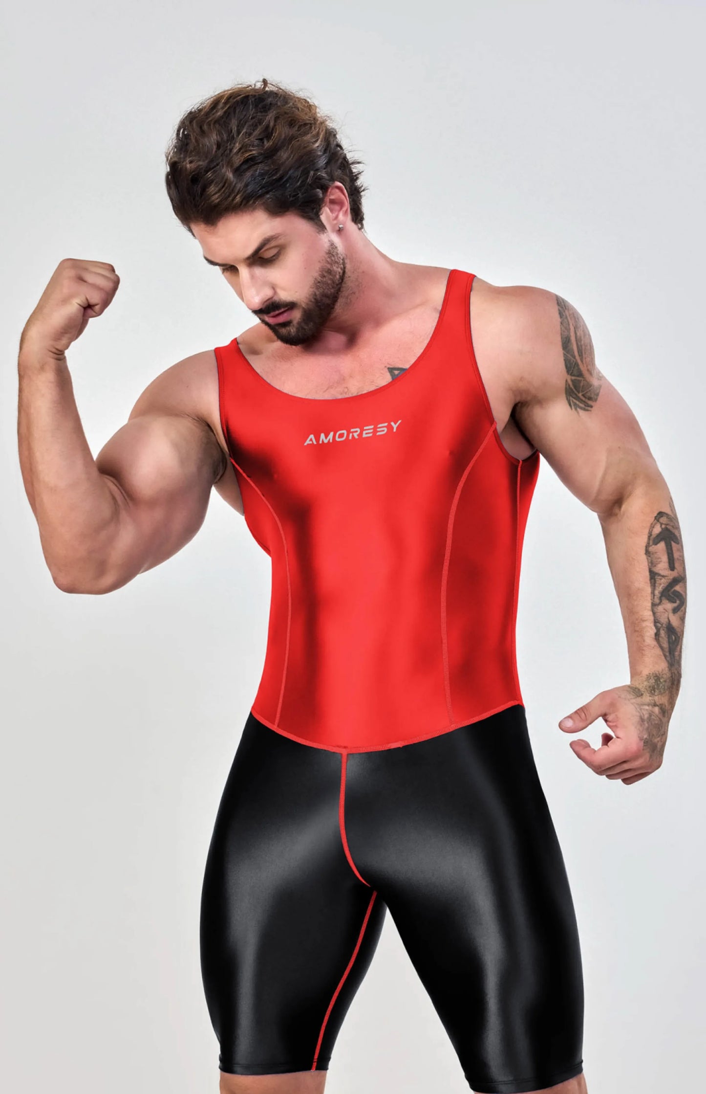 AMORESY – combinaison en satin lisse pour hommes, combinaison de surf en soie lisse, vêtements de sport de yoga, gilet, combinaison en cinq parties
