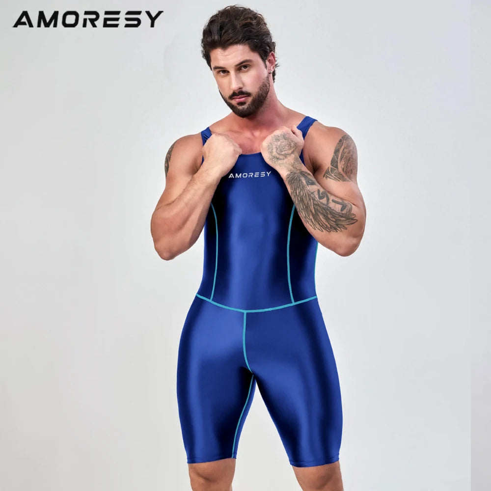AMORESY – combinaison en satin lisse pour hommes, combinaison de surf en soie lisse, vêtements de sport de yoga, gilet, combinaison en cinq parties