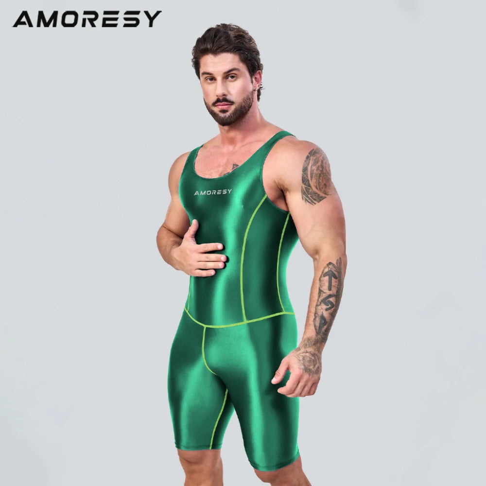 AMORESY – combinaison en satin lisse pour hommes, combinaison de surf en soie lisse, vêtements de sport de yoga, gilet, combinaison en cinq parties