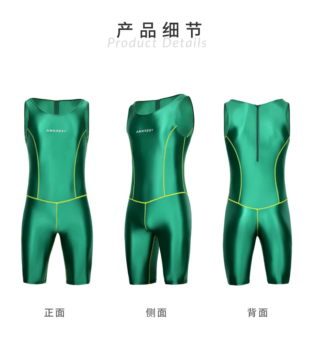 AMORESY – combinaison en satin lisse pour hommes, combinaison de surf en soie lisse, vêtements de sport de yoga, gilet, combinaison en cinq parties