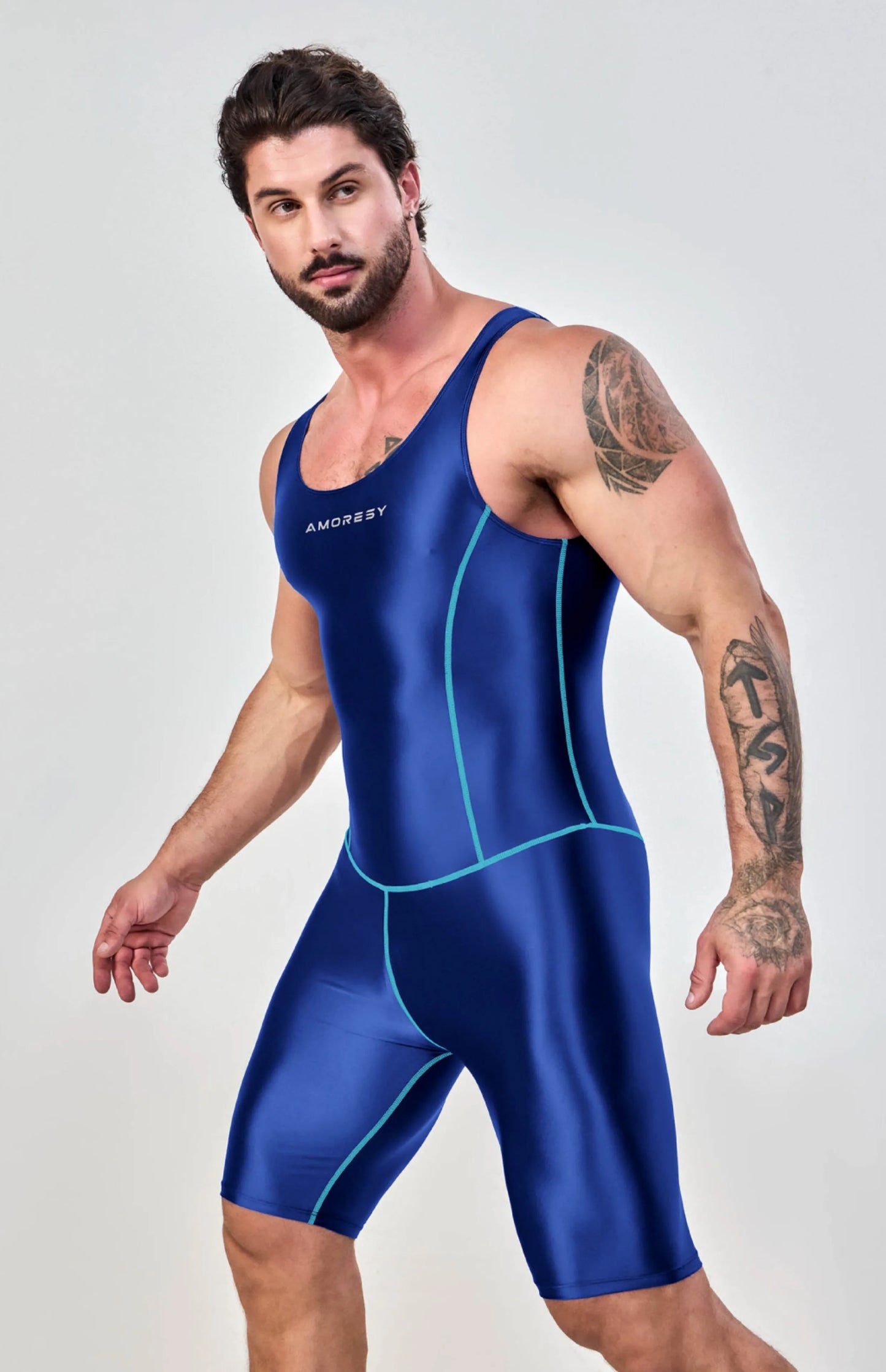 AMORESY – combinaison en satin lisse pour hommes, combinaison de surf en soie lisse, vêtements de sport de yoga, gilet, combinaison en cinq parties