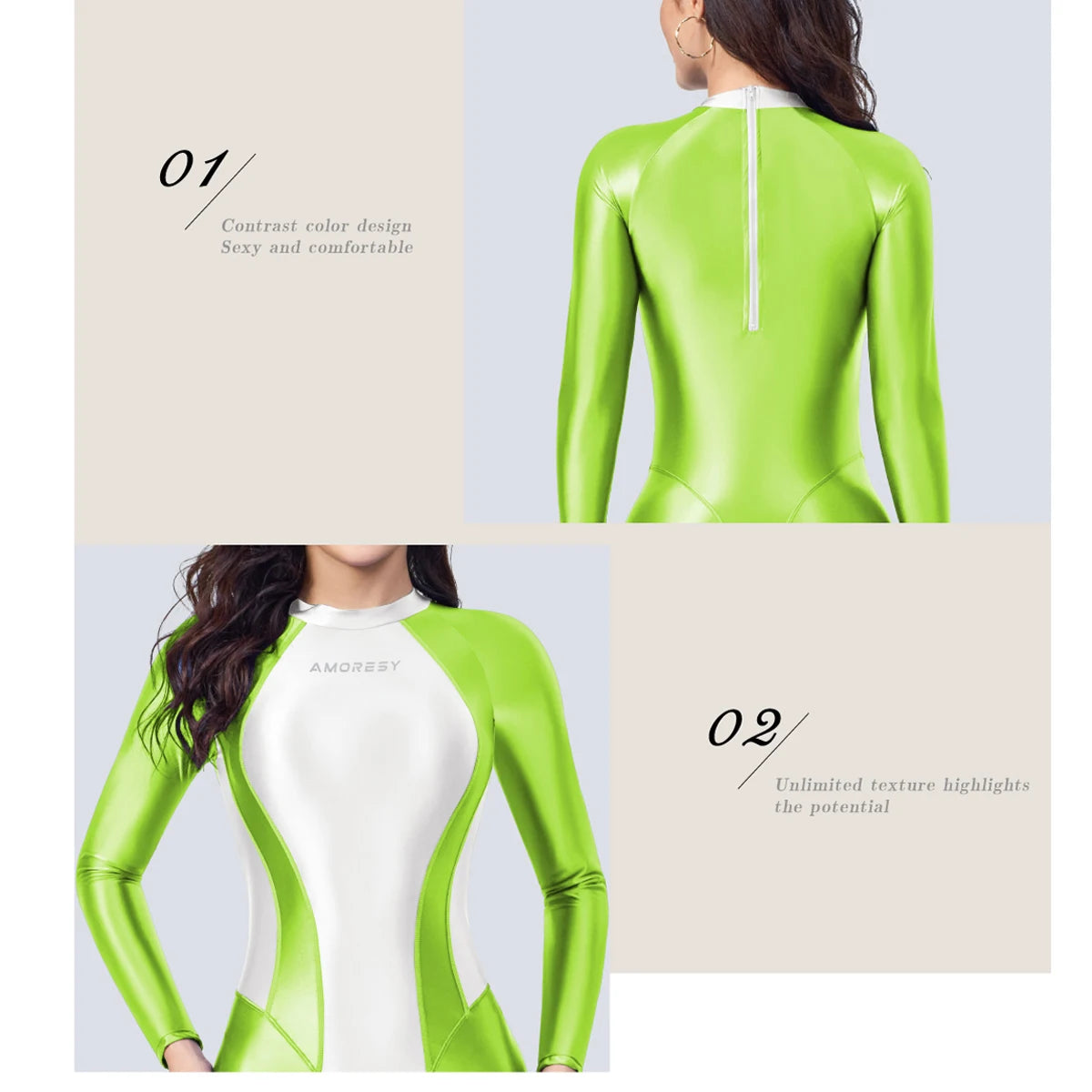 AMORESY femmes brillant à l'huile à manches longues Patchwork combinaison haute Stretch taille haute Yoga Pilates body Catsuit salopette