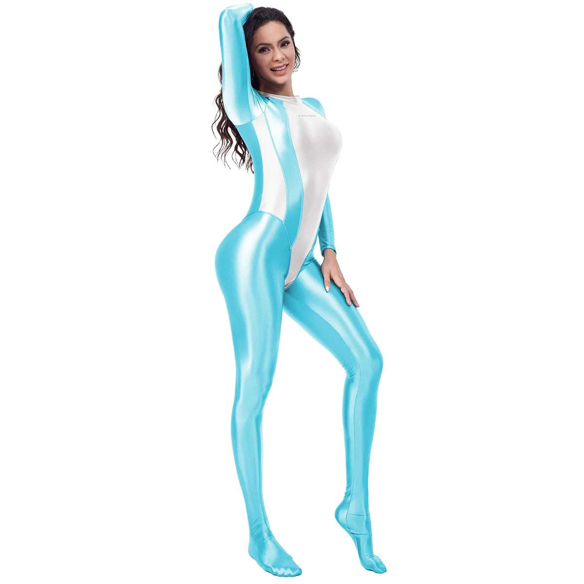 AMORESY femmes brillant à l'huile à manches longues Patchwork combinaison haute Stretch taille haute Yoga Pilates body Catsuit salopette