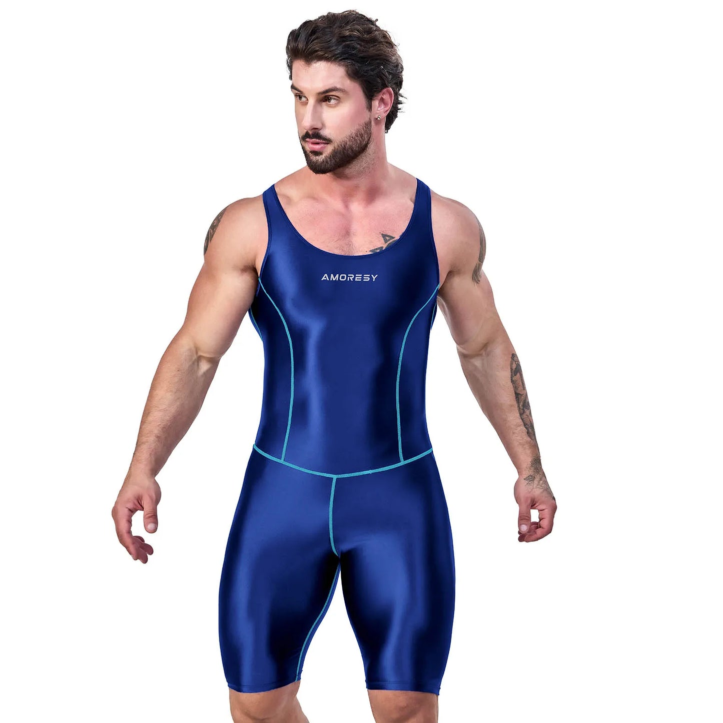 AMORESY – combinaison en satin lisse pour hommes, combinaison de surf en soie lisse, vêtements de sport de yoga, gilet, combinaison en cinq parties