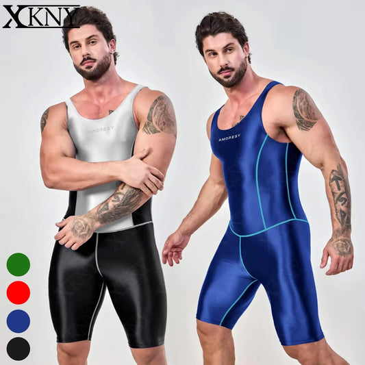 AMORESY – combinaison en satin lisse pour hommes, combinaison de surf en soie lisse, vêtements de sport de yoga, gilet, combinaison en cinq parties