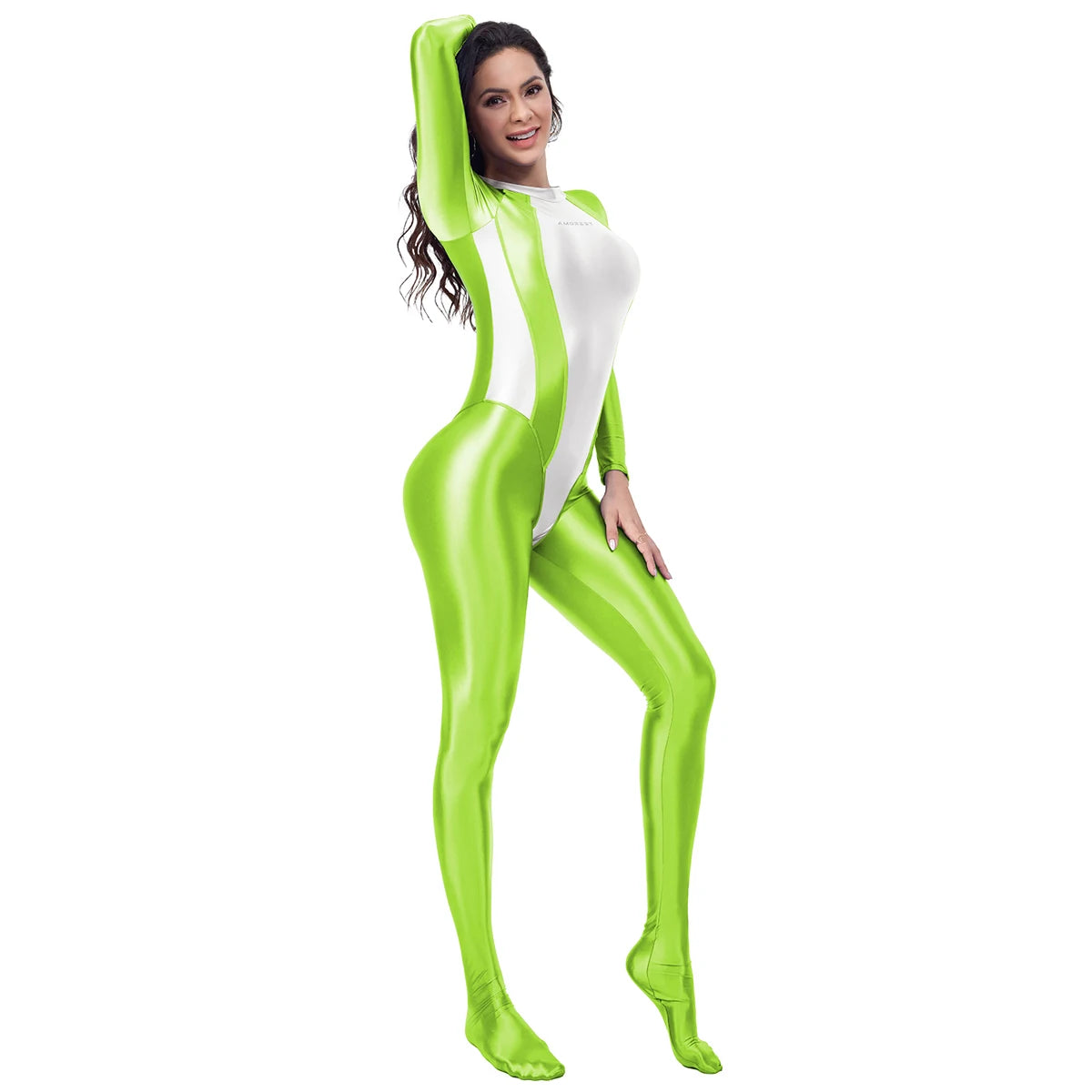 AMORESY femmes brillant à l'huile à manches longues Patchwork combinaison haute Stretch taille haute Yoga Pilates body Catsuit salopette