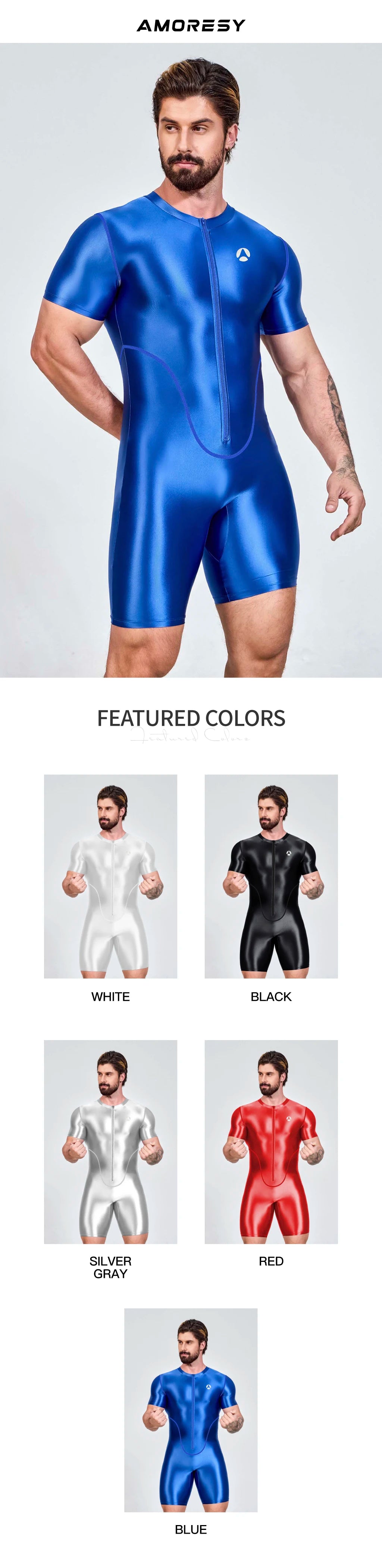 AMORESY – combinaison en satin lisse pour hommes, combinaison de surf en soie lisse, vêtements de sport de yoga, gilet, combinaison en cinq parties