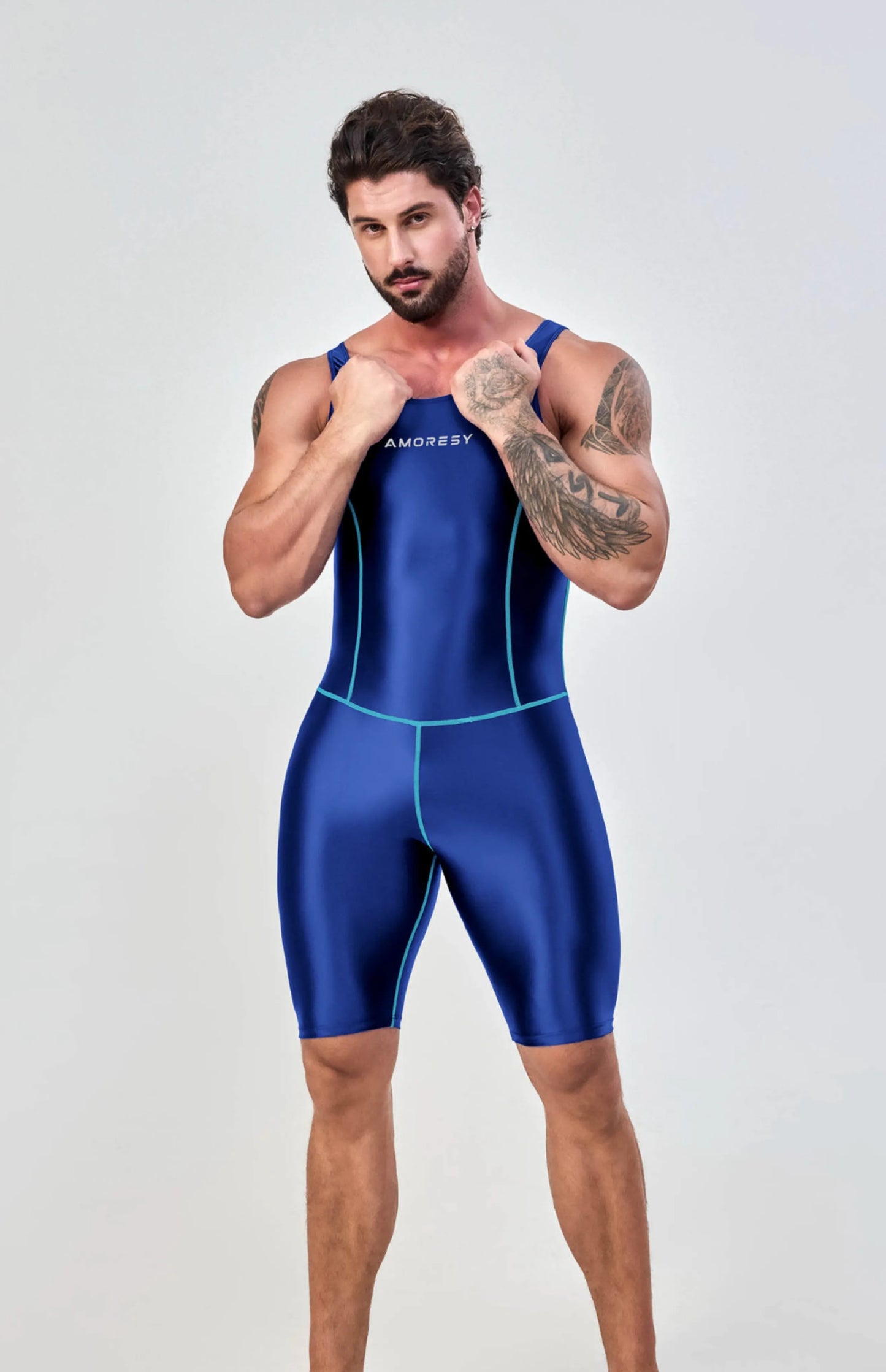 AMORESY – combinaison en satin lisse pour hommes, combinaison de surf en soie lisse, vêtements de sport de yoga, gilet, combinaison en cinq parties